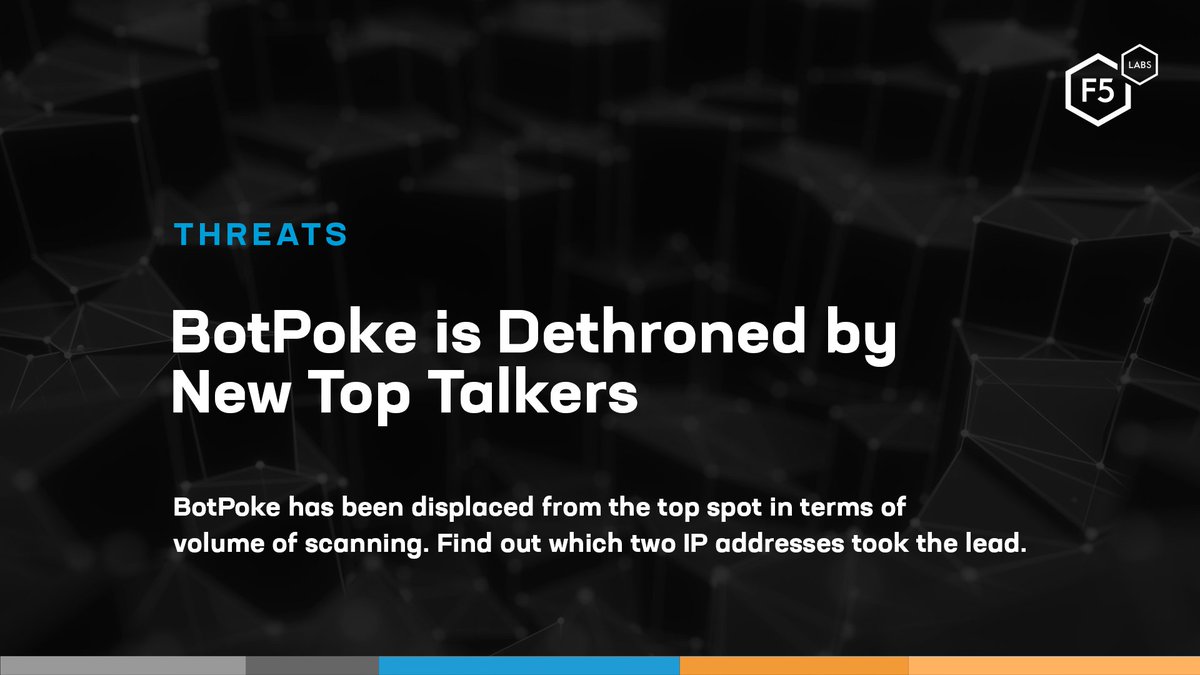 Scanning patterns are shifting!

Our analysis shows BotPoke has been displaced from the top spot (in terms of volume of scanning) by new top talkers.

Check out the trends in our latest update. go.f5.net/ubwk5mcd
#Cyberthreats #Infosec #F5Labs