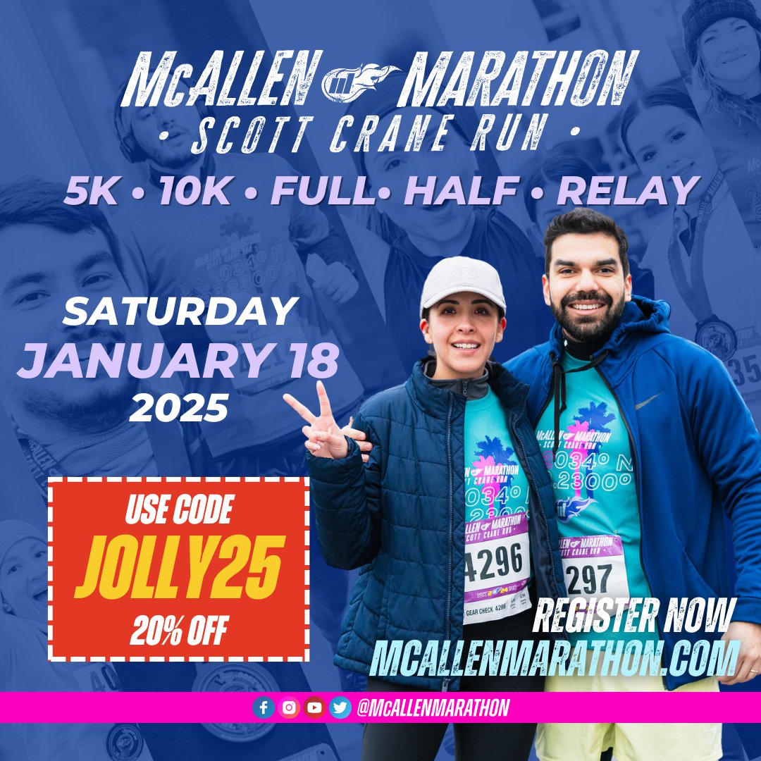 The McAllen Marathon is right around the corner!✨

Use JOLLY25 for 20% off our registration! Don't miss out on this deal. Offer ends soon, so secure your spot today!🏃‍♀️🏅

#McAllenMarathon2025 #DiscountCode #JoinUs