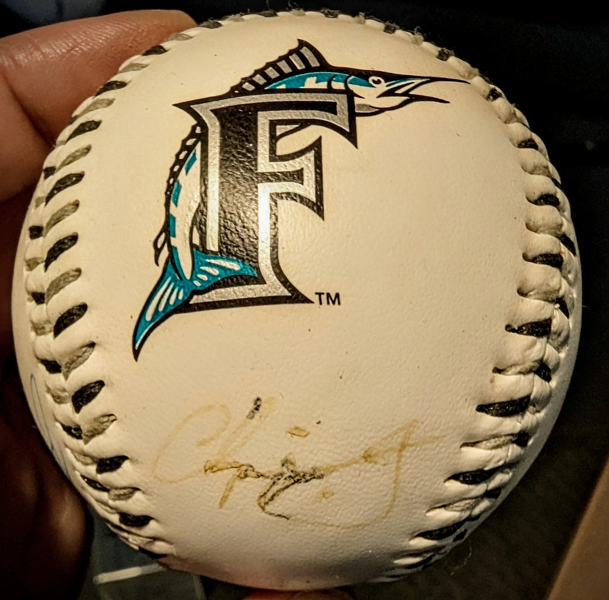CarolinaCardCo's tweet image. How about this Hall of Famer Sig? Unfortunately it got water damaged in 1996 but can you guess who it is? Don't let the Florida Marlins logo fool you 😉 
#baseball #signedbaseball
#autograph #MLB