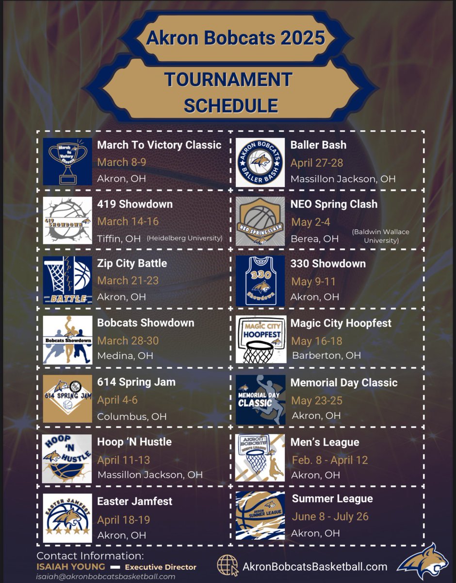 We are thrilled to announce the release of the Akron Bobcats 2025 tournament and league schedule! We can’t wait to see everyone at our well-run events hosted at beautiful facilities. Register at akronbobcatsbasketball.com/events/