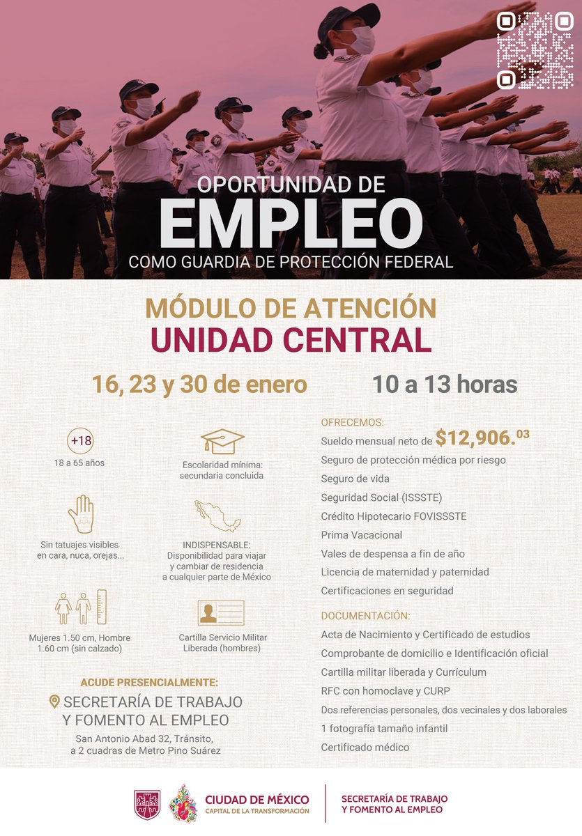 TrabajoCDMX's tweet photo. ¿Buscas empleo como guardia federal? 
El @spf_sspc realizará reclutamientos en las instalaciones de @TrabajoCDMX. 👮🏽‍♀️👮🏽
✅ Acude a San Antonio Abad 32, col. Tránsito, Cuauhtémoc
📆 16, 23 y 30 de enero
🕐10 a 13 h.
#UtopíaLaboral #CapitalDeLaTransformación https://t.co/FHtArcsS0E