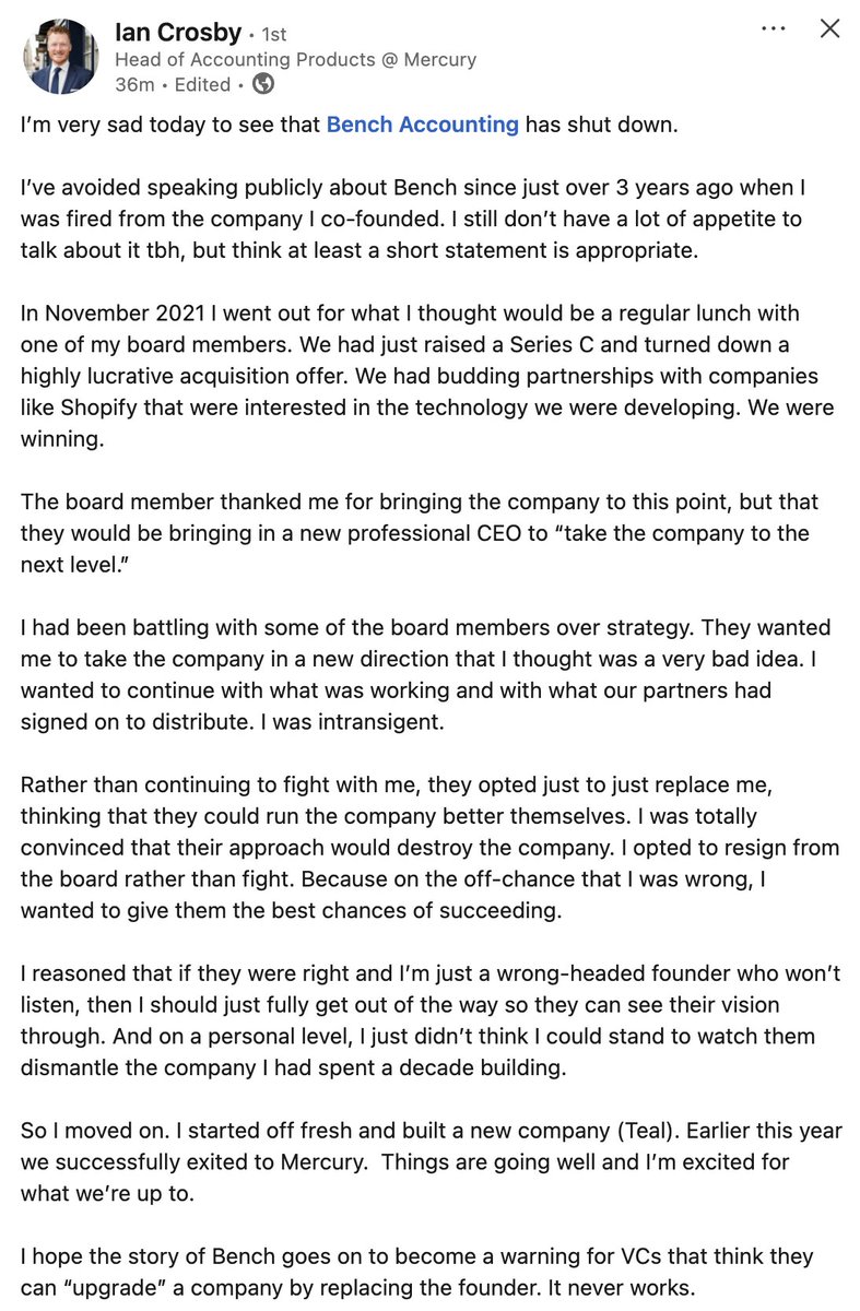 <a href="/asanwal/">Anand Sanwal</a> <a href="/Bench/">Bench Accounting by Mainstreet</a> The founder posted this absolute horror story on LinkedIn just now.