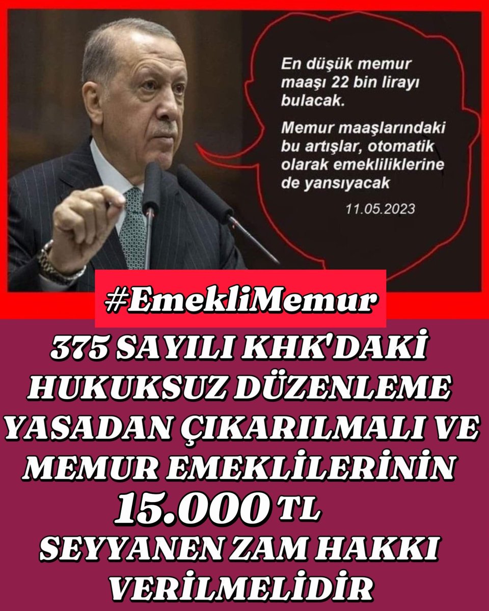 <a href="/sevdacevir80225/">sevdaceviren</a> <a href="/eczozgurozel/">Özgür Özel</a> <a href="/RTErdogan/">Recep Tayyip Erdoğan</a> Bu ülkenin Cumhurbaskanı  söz verdi üstelik Anayasal hak daha ne olsun   24 aydır eksik maaş alıyoruz 
Kanunlar işlemesi gerekiyor 
#BirinciDereceye3600 
#EmekliMemuradaSeyyanen 
<a href="/RTErdogan/">Recep Tayyip Erdoğan</a>
<a href="/isikhanvedat/">Prof. Dr. Vedat Işıkhan</a>
<a href="/_aliyalcin_/">Ali YALÇIN</a> <a href="/MDervisogluTR/">Müsavat Dervişoğlu</a>