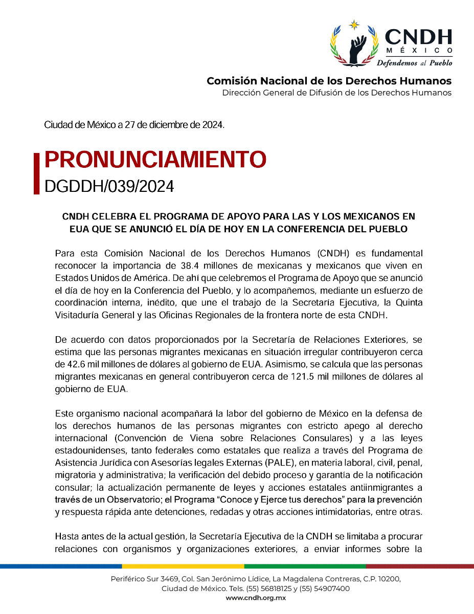 CNDH's tweet photo. Celebramos el programa de apoyo para las y los #Mexicanos en #EUA que se anunció el día de hoy en la conferencia del pueblo.

#DefendemosAlPueblo https://t.co/xoPBBmsxLN