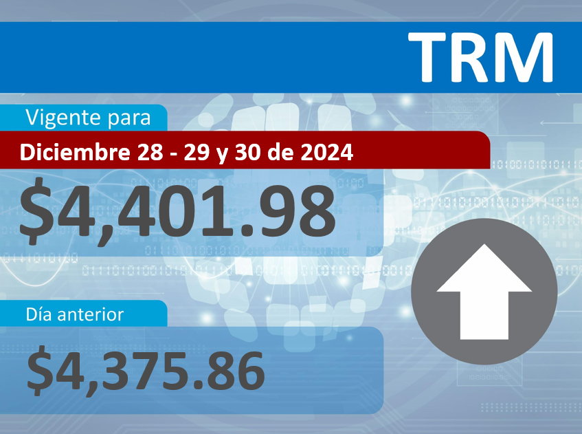 Tasa Representativa del Mercado vigente para el 28-dic-2024, 29-dic-2024 y 30-dic-2024: $4,401.98