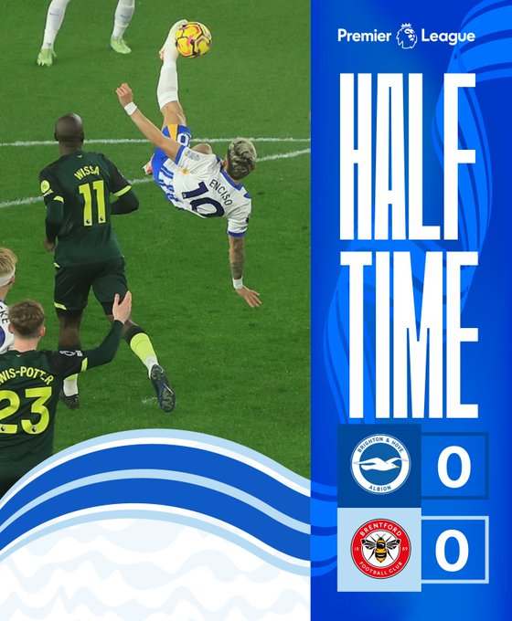 0-0 HT graphic featuring Julio attempting an overhead kick. Keep pushing in the second half, Albion!