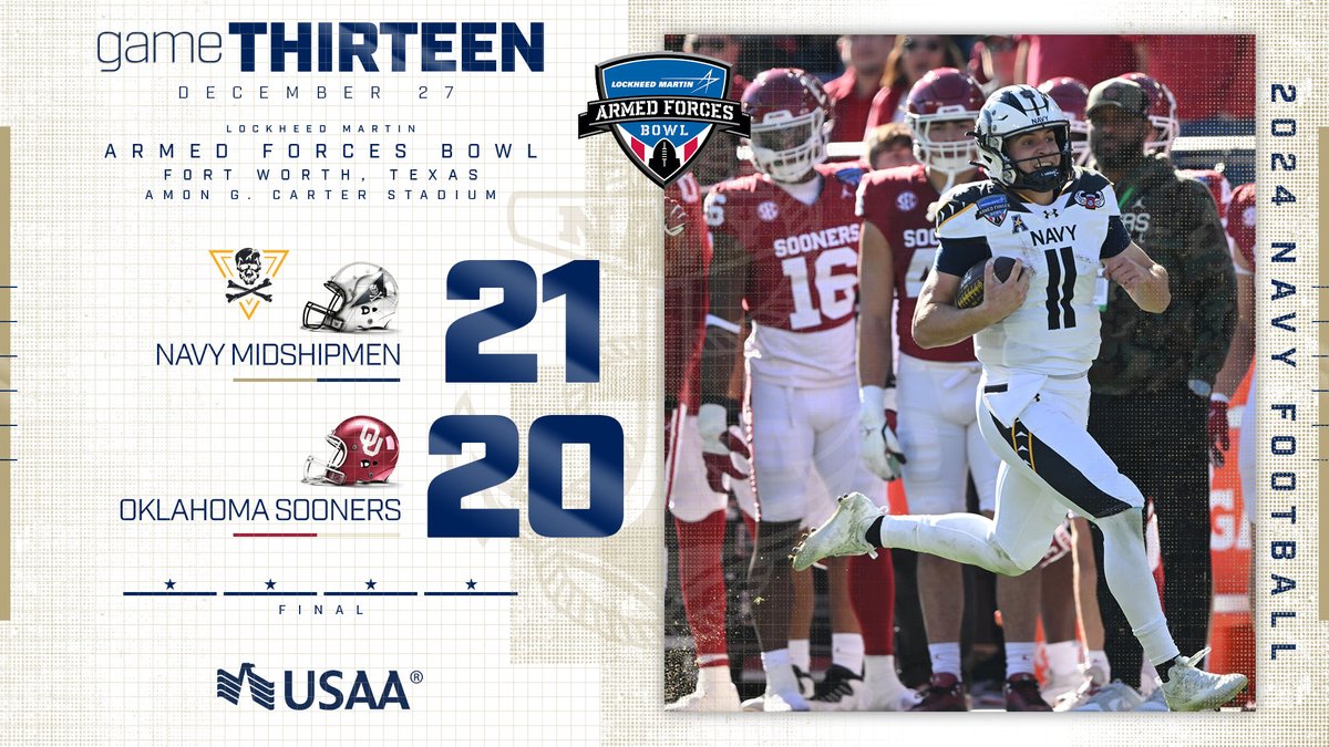 Oklahoma 20 | Navy 21
Final
<a href="/USAA/">USAA</a> 

The mighty Midshipmen take down the Sooners to become just the 6th team in school history to reach double-digit wins (10-3).