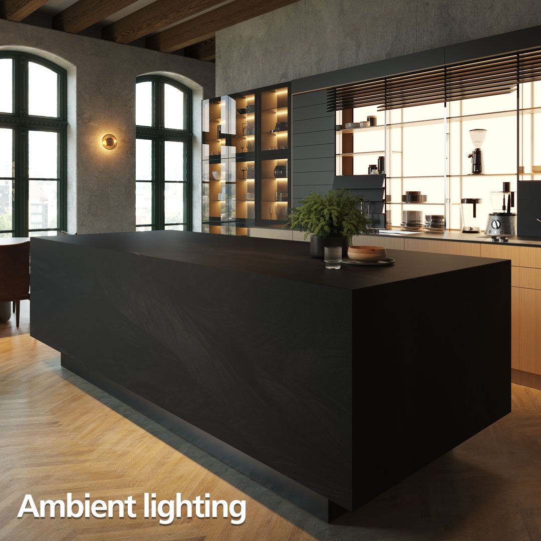 DYK that a surface’s finish affects how it interacts with light? 💡 Polished surfaces reflect more light, creating a glossy style for luxurious designs. Concrete finishes create a subdued, modern look, with the light highlighting the surface’s texture. Pairing these lighting