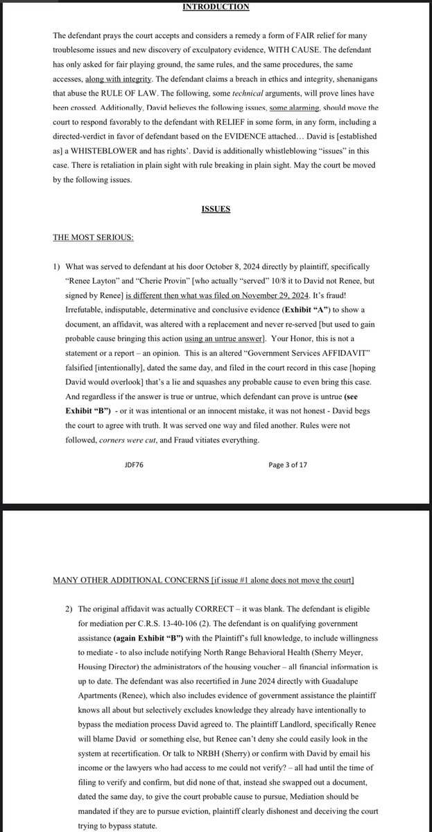 realDeaconDavid's tweet photo. Excerpt of my motion v slumlord
they cheat cheat and cheat
There are 10 issues, these are only 2
The case should get kicked
But I’m in #Colorado
vs #CatholicCharities #CCDenver
#Housing #CivilRights #Section8
I am the defendant or David
Share for prayer - the court agree https://t.co/iuuBeonfCW