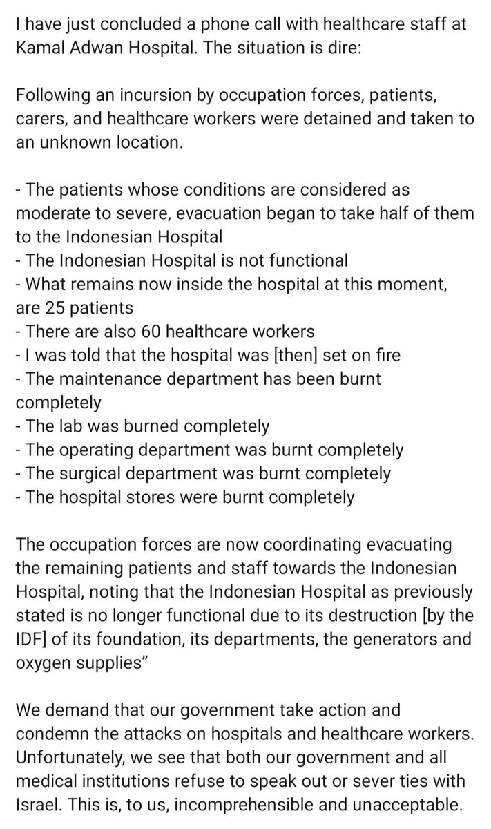 DATheuns65's tweet photo. Message from healthcare staff at Kamal Adwan Hospital. After weeks of pleading to the world to intervene, the hospital has been stormed and set on fire. The international community and law have failed...shame. War crime after crime are being committed by Israel.
#DoctorsForGaza https://t.co/tRZJWKdr4p