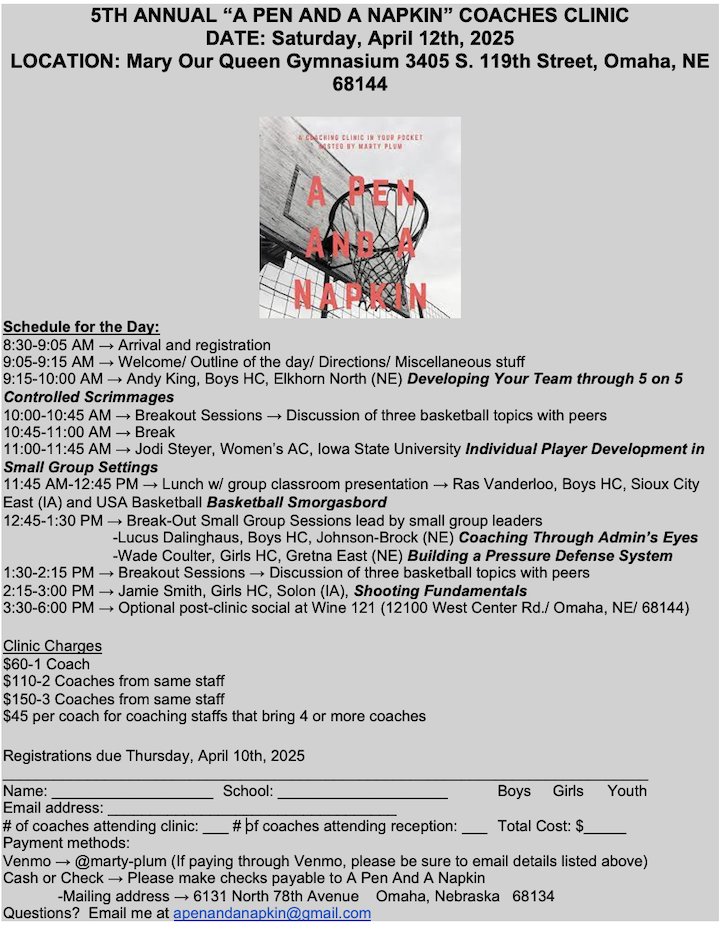 Very excited to announce the 2025 APAAN Coaches Clinic lineup for Saturday, April 12th, 2025!!
<a href="/theAndy_King/">Andy King</a> 
<a href="/isucyclone/">Jodi Steyer</a> 
<a href="/CoachRas/">Ras Vanderloo</a> 
<a href="/GretnaEastGBB/">Gretna East Girls Basketball</a> 
<a href="/LucusDalinghaus/">Lucus Dalinghaus</a> 
<a href="/jscoach9/">Jamie Smith</a> 

Get signed up today for one of America's best and most affordable coaches clincs!!!!