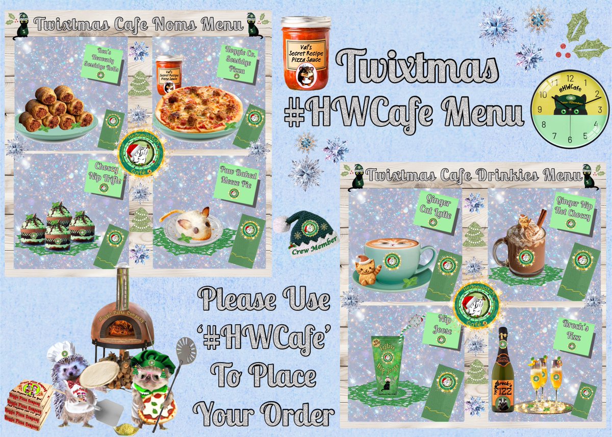 #HWCafe is now open, for the last time in 2024! We have a team of pawfessional Purristas and Emergency Paws (for when it gets busy) to serve you over the next 2 hours. Please see our menu below and reply to this to order,  using #HWCafe to help us see you 😺