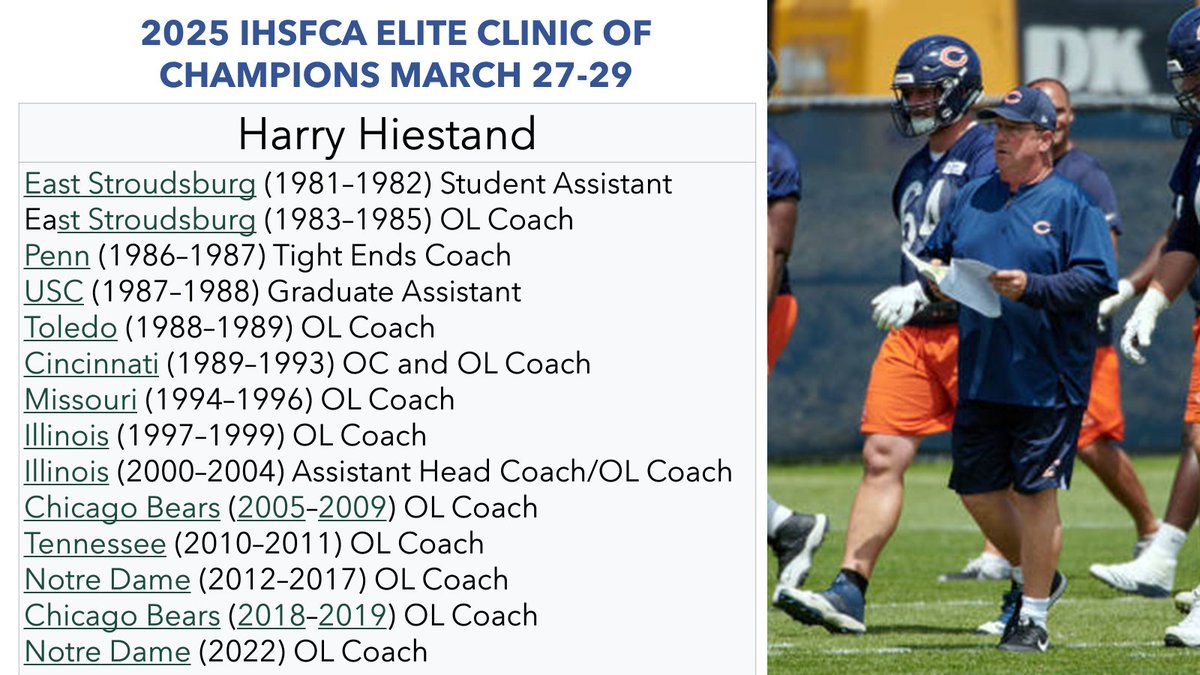 IHSFCA Elite Clinic of Champions is excited to announce Coach Harry Hiestand as one of our featured speakers.  Coach Hiestand is recognized as one of the best OL coaches/teachers in the country and has coached and developed several NFL players!  Can't Wait!!!