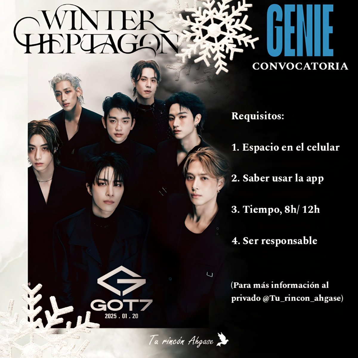Tu_rinconahgase's tweet photo. 💚TEAM GENIE TU RINCÓN AHGASE 💚

📢CONVOCATORIA!!!
STREAM ONLY GOT7

▪️Requisitos:
1. Espacio en el celular
2. Saber usar Genie
3. Tiempo, 8h/12h
4. Ser responsable 

DUDAS AL INTERNO ✨

#GOT7 #갓세븐
#WINTER_HEPTAGON
#GOT7_WINTER_HEPTAGON https://t.co/bd0YEp8cFo