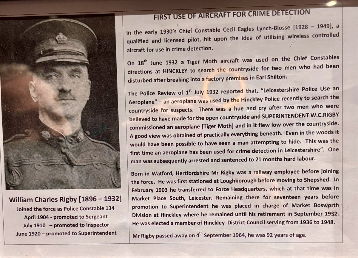 We have a new Featured Officer, Supt William Charles Rigby. 

18 June 1932- Hinckley Supt Rigby commandeered a Tiger Moth aeroplane to aid in the search for two burglars . 

The first time aircraft was used by <a href="/leicspolice/">Leicestershire Police</a> for crime detection. <a href="/NPASMidlands/">NPAS Midlands (Central Region)</a>