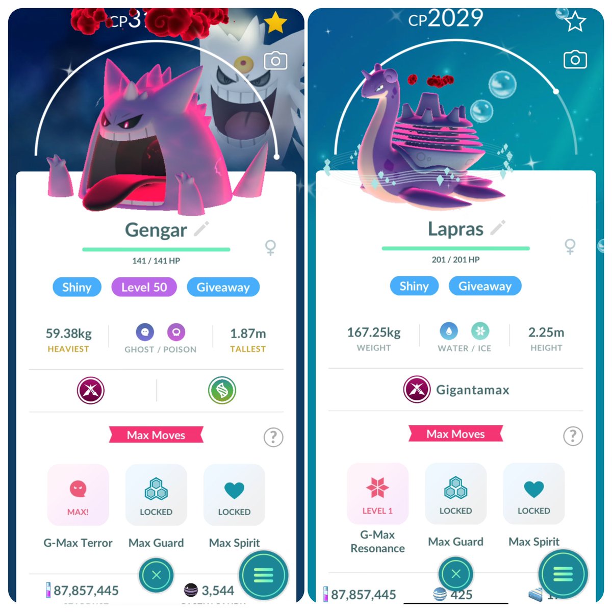 pokegoperks's tweet photo. 🎁✨Shiny Gigantamax Pokemon Giveaway✨🎁

🚨1 Winner Will Get To Pick Any 1 Of These*

✨Shiny Gigantamax Gengar (Lvl 50)
✨Shiny Gigantamax Lapras 

To Enter Its Simple:
❤️ Like This Post
🔥 Follow Us
📲 Comment the one you’d choose.
🗓️ The Winner Will Be Chosen On The 1st Of January Using A Spinning Wheel! 

✨*If this giveaway gets 100 Reposts or more, we will pick a 2nd winner who will get the remaining Shiny Gigantamax.

*We can instant trade or 30 day trade with you, we have a technician who will fly (spoof) to you.

🤞Good Luck
#Pokemon #PokemonGO