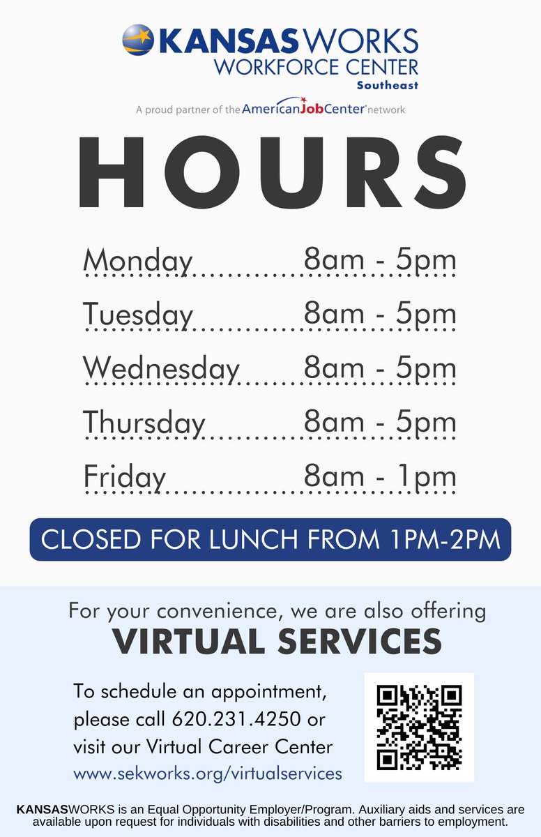Our Workforce Centers are updating their hours in our Emporia, Independance, &amp; Pittsburg offices.  Starting December 30th we'll be open Monday- Thursday, 8am to 5pm and Friday, 8am to 1pm - closed for lunch from 1pm to 2pm daily. 

<a href="/SEKWORKS/">SoutheastKANSASWORKS</a> <a href="/KansasWorkforce/">KANSASWORKS</a>