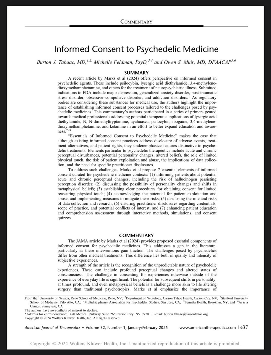 Excited to share our latest commentary in the American Journal of Therapeutics on informed consent in psychedelic medicine! As these promising treatments move toward FDA approval, how do we properly prepare patients for experiences that are often beyond everyday comprehension?