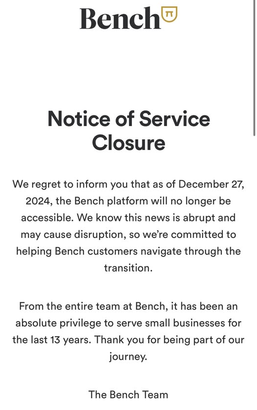 McFaddenAccting's tweet photo. How could @Bench shut down so abruptly—especially with tax season right around the corner? Small business owners are left scrambling at the worst possible time. This is more than just an inconvenience; it’s a huge blow to entrepreneurs who rely on stable, reliable bookkeeping. https://t.co/Cf17dgFqy8