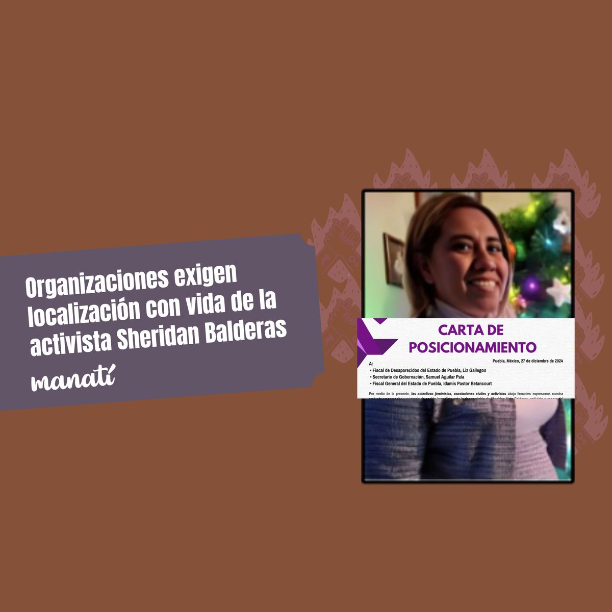 Manatimx's tweet photo. 🗣️🟣| Colectivas feministas, asociaciones civiles y activistas enviaron una carta a las autoridades estatales para exigir la localización de @Sheryyydan Balderas, fundadora del @FNMCDAPuebla, reportada como desaparecida.

Más info aquí:
-> https://t.co/WT9mGgcIGV https://t.co/jvTmk4Yq2H