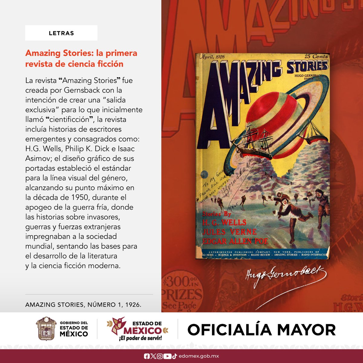 agem_mex's tweet photo. #HugoGernsback nos enamoró del futuro en 1926, con el lanzamiento de @AmazingStories0 la primera revista de #cienciaficción del mundo, presentando a los lectores historias sobre mundos futuristas, tecnología avanzada y vida extraterrestre. #SomosAGEMÉX https://t.co/p9RbWySf3z