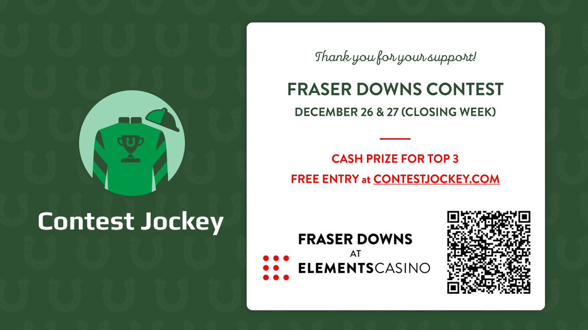 BCRacebook's tweet image. Fraser Downs Closing Day Contest🍀
Enter for free : contestjockey.com

@FraserDowns @playcontests @InTheMoneyMedia