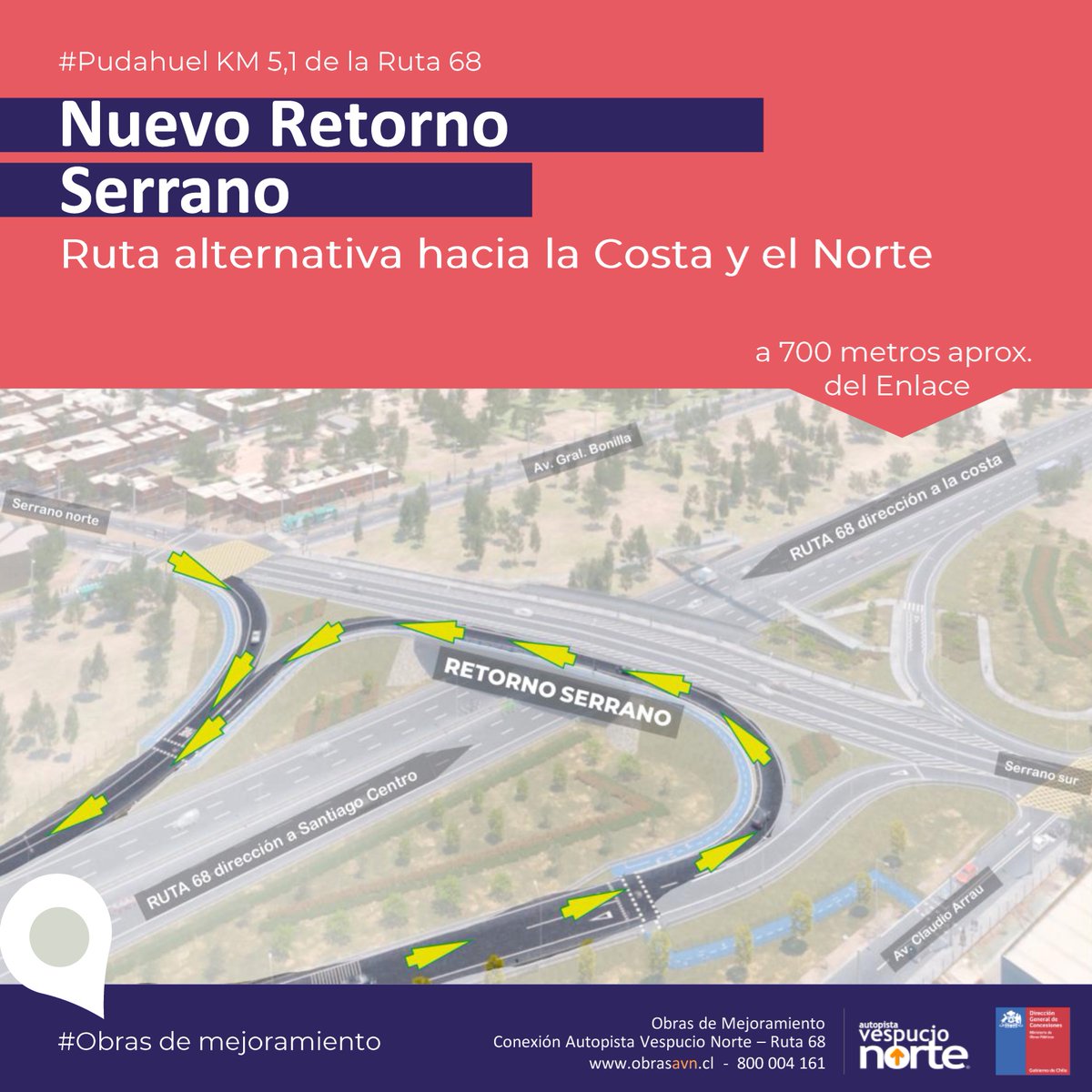 Vespucio_Norte's tweet photo. 🚧#ObrasAVN
ATENCIÓN
Desde el 6 de enero
🚫Cierre de conexiones entre #VespucioNorte y #Ruta68
Utiliza el #NuevoRetornoSerrano para dirigirte a la costa o al norte. Ver nuevos recorridos👇🏻
@mop_chile @TTISantiago @autop68 @radiocarab https://t.co/jlQ1qpoqrE