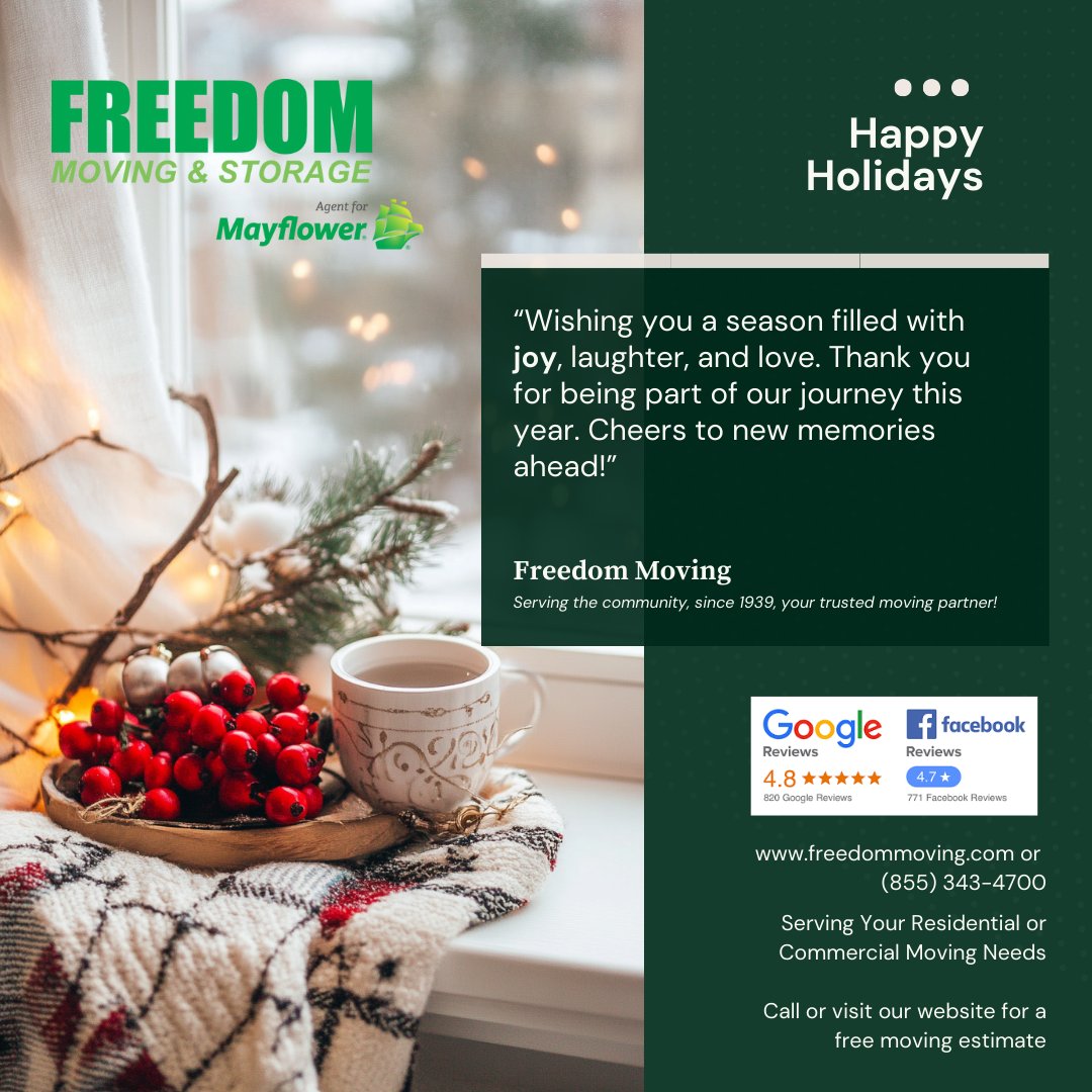FreedomMoving's tweet image. Visit freedommoving.com or (855) 343-4700 to schedule your free in-home or virtual consultation with one of our certified moving specialists!

#movingcompany #movers #professionalmovers #localmovers #movingcompanies #packers #movingtips #bestmovers #movingandstorage