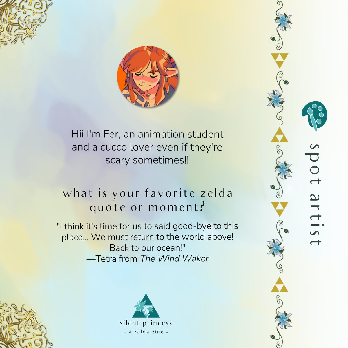 Meet <a href="/meifkoii/">fer 🎏</a>, a spot artist for Silent Princess! Her art is accompanying The Wind Waker fic for our zine 🌸

GET YOUR COPY TODAY! silentprincesszine.bigcartel.com

#loz #zelda #zeldazine #SilentPrincessZine #legendofZelda #legendofZeldazine #spotartist