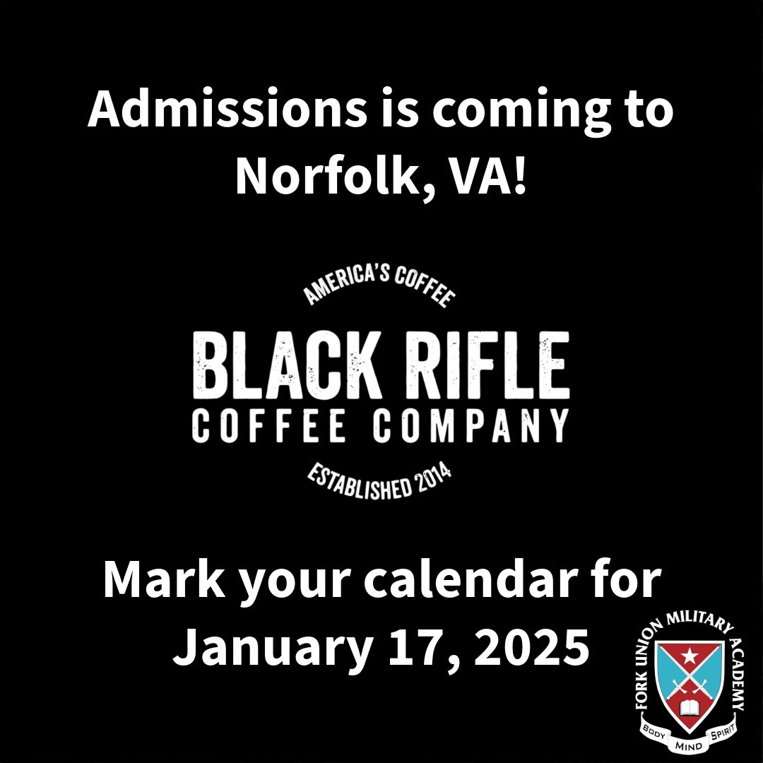 Join our admissions team in Norfolk, Virginia, for a special event!

📍 Location:
Black Rifle Coffee Company
216 E Little Creek Rd
Norfolk, VA 23505

📅 Date &amp; Time:
Friday, January 17, 2025
9:00 AM – 12:00 PM

Registration is required! 👉hubs.ly/Q02_vSxQ0
#forkunion