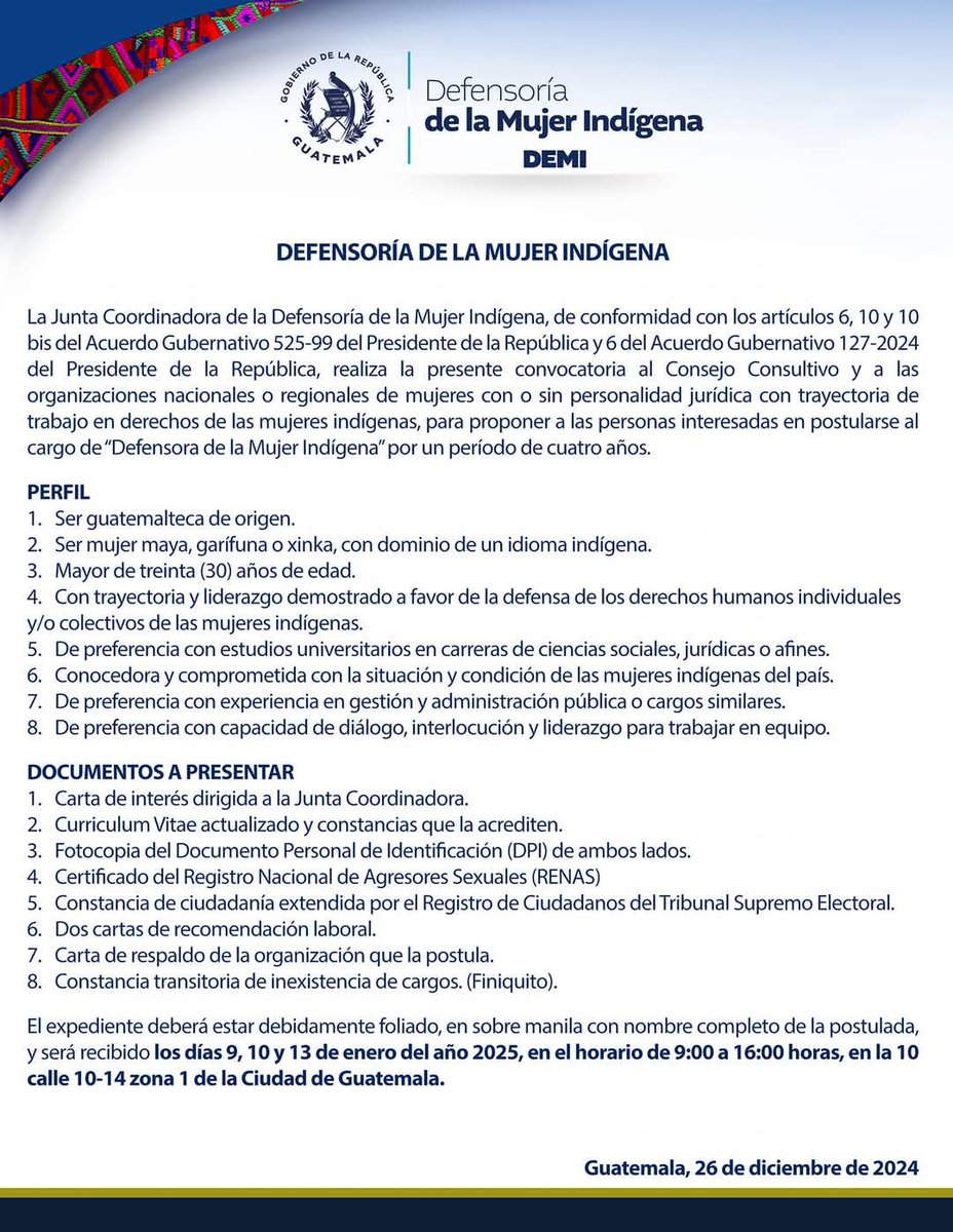 #DEMI
Los requisitos pueden consultarse en la siguiente imagen.⬇️

#participacionpoliticadelasmujeres 
#MujeresIndígenas 
#defensora