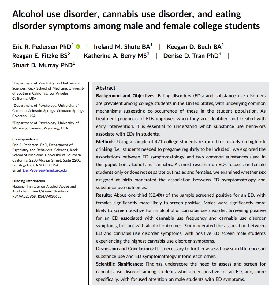 Eric Pedersen (@ericrpedersen) on Twitter photo Our new paper out in American Journal on Addictions: Alcohol use disorder, cannabis use disorder, and eating disorder symptoms among male and female college students. <a href="/irelandshute/">Ireland Shute</a> <a href="/DrStuartBMurray/">Dr. Stuart Murray</a> <a href="/keeganbuch/">Keegan Buch</a> @reaganfitzke <a href="/KatherineABerry/">Katie Berry</a> <a href="/DeniseDaoTran/">Denise Tran, PhD</a>
pubmed.ncbi.nlm.nih.gov/39152742/ Our new paper out in American Journal on Addictions: Alcohol use disorder, cannabis use disorder, and eating disorder symptoms among male and female college students. <a href="/irelandshute/">Ireland Shute</a> <a href="/DrStuartBMurray/">Dr. Stuart Murray</a> <a href="/keeganbuch/">Keegan Buch</a> @reaganfitzke <a href="/KatherineABerry/">Katie Berry</a> <a href="/DeniseDaoTran/">Denise Tran, PhD</a>
pubmed.ncbi.nlm.nih.gov/39152742/