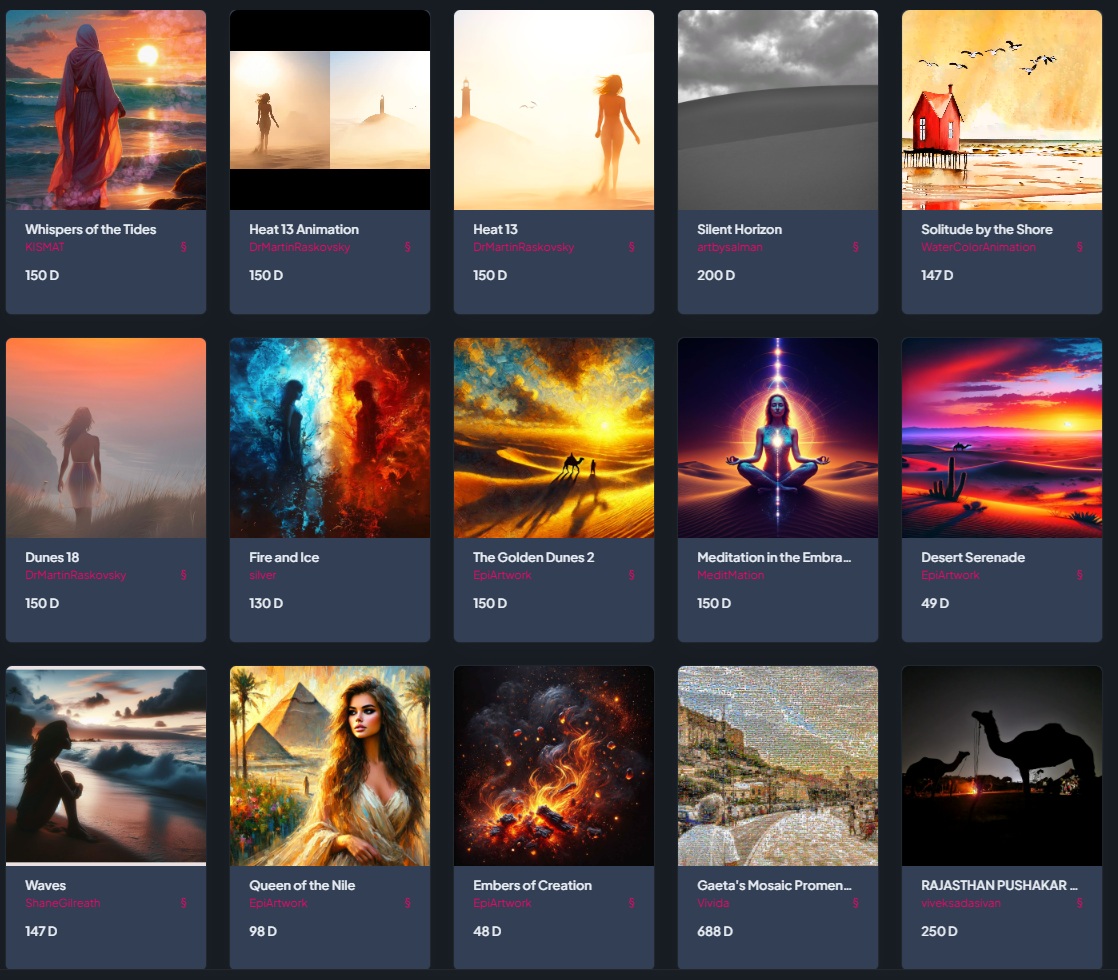 VividaPhotoPC's tweet photo. 🌅✨ What better way to immerse yourself in the holiday spirit than exploring breathtaking curation stacks on @Vitruveochain? And here's a festive idea: send your holiday greetings using these incredible artworks! 🎄 🎨💌 Check it out here. Who wouldn’t love some artistry with their holiday wishes? 🌟

Today, let’s dive into a luminous collection crafted by Dr. Martin Raskovsky (@martinraskovsky), titled Heat: https://t.co/tcPZvPTh03. This vibrant selection burns with intensity and passion. Let's take a closer look at these stunning creations:

Whispers of the Tides
Artist: KISMAT (@KismatDeora)
This piece channels a serene yet evocative presence of solitude and contemplation, much like the romanticism found in J.M.W. Turner’s works. The figure's placement by the sea exudes timeless mystery, symbolizing humankind's eternal connection with the ocean. Don't you feel the whispers of the waves pulling you in? 🌊

Heat 13 Animation
Artist: DrMartinRaskovsky (@martinraskovsky)
This animated masterpiece blazes with dynamic vitality. The play of light and movement brings an almost impressionistic quality, reminiscent of Monet’s fascination with fleeting moments, yet transformed into a modern digital medium. The animation feels alive, as if the heat itself breathes through the screen. What emotions does it ignite for you?

Heat 13
Artist: DrMartinRaskovsky (@martinraskovsky)
A static counterpart to the animation, this composition is striking in its simplicity. The stark contrasts and silhouetted figures bring to mind the minimalist storytelling of Edward Hopper, with an added layer of mystique from its desert backdrop. The heat is palpable, don’t you think?

Silent Horizon
Artist: artbysalman (@artbysalman)
With an otherworldly tranquility, this work captures the stillness of vast sands under an ethereal light. The minimalism here echoes the visual poetry of Mark Rothko, though expressed through the lens of nature. Isn't the silence deafeningly beautiful?

Solitude by the Shore
Artist: WaterColorAnimation (@WassimAnimat)
Vivid and heartwarming, the quaint red house standing against a golden shore speaks of idyllic isolation. Its storybook charm evokes illustrations from vintage holiday cards, imbued with modern color sensibilities. A peaceful gem that surely makes you long for a quiet escape.

Dunes 18
Artist: DrMartinRaskovsky (@martinraskovsky)
Sweeping dunes take center stage in this timeless composition. The soft gradients and sweeping lines make one think of the natural harmony celebrated by Georgia O'Keeffe, but with an added whisper of desert winds. Don't you feel the serenity calling you?

Fire and Ice
Artist: Silver (@silverfiire)
This composition is a stunning clash of opposites, where fiery warmth collides with icy coolness. It’s almost mythological, reminiscent of ancient elemental battles or the duality found in classical literature. A visual narrative that truly leaves you captivated. Which side draws you in more?

The Golden Dunes 2
Artist: EpiArtwork (@ArtworkEpi)
This golden-hued masterpiece brims with life and energy, reminiscent of Gustav Klimt’s luminous palette. The golden sands seem to shimmer, creating a rich and inviting aura. Don’t you just want to step into this golden dream?

Meditation in the Embrace of the Sands
Artist: MeditMation (@meditmation)
A harmonious fusion of spirituality and nature, this piece radiates with calming energy. The vibrant colors and geometric composition bring to mind the mystical works of Hilma af Klint. Doesn't it inspire you to find your own inner peace?

Desert Serenade
Artist: EpiArtwork (@ArtworkEpi)
A symphony of colors dances across the desert horizon, evoking the intense sunsets of Van Gogh’s late works. The brushstrokes seem to hum with life and movement, pulling the viewer into this surreal serenade. Can you hear the desert's melody?

Waves
Artist: ShaneGilreath (@shane_gilreath)
This piece beautifully captures the eternal rhythm of the ocean. The chiaroscuro lighting highlights the delicate interplay of light and shadow, reminiscent of Caravaggio’s dramatic contrasts. Doesn’t this evoke memories of your own connection with the sea?

Queen of the Nile
Artist: EpiArtwork (@ArtworkEpi)
A regal portrait that exudes power and beauty, this work feels like a digital ode to Klimt’s portraits, blending the richness of gold with a modern vibrancy. The gaze of the Queen is captivating. What stories does she tell?

Embers of Creation
Artist: EpiArtwork (@ArtworkEpi)
Fiery and chaotic, this piece is a celebration of elemental forces. The swirling patterns and bursts of light evoke the explosive power of Jackson Pollock’s action painting, yet it feels cosmic in its scope. What do these embers ignite in your imagination?

RAJASTHAN PUSHAKAR VIBES
Artist: Viveksadasivan (@vivek_sadasivan)
A beautifully silhouetted scene that captures the rustic charm of Rajasthan. The interplay of light and shadow brings to mind the serene compositions of Henri Cartier-Bresson, evoking stories of tradition and quiet elegance. Can you feel the desert's whispers?

Thank you again to Dr Martin Raskovsky (@martinraskovsky) for curating this radiant collection, Heat. And a big shoutout to Nik (@Techbubble) for your ongoing support of artists through your Buying Blitz! Let’s keep celebrating and sharing the beauty of art. 🎨💖
👉 Which piece in this collection warms your heart the most? Share your thoughts below! 👇