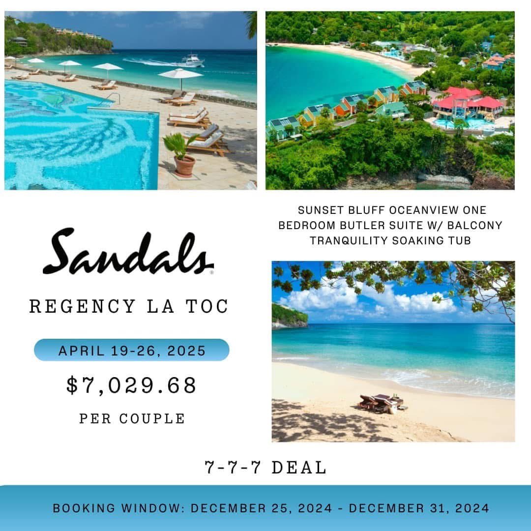 Mark_Brown's tweet photo. 🌴 Celebrate New Beginnings in Paradise! 🌴
Book your dream Sandals or Beaches getaway by 🪩12/31 at 11:59 PM🪩 and kick off 2025 with the ultimate escape! Imagine stepping onto sun-soaked beaches, savoring world-class cuisine, 517-917-0510 or email mark@island-breeze-travel.com https://t.co/7vKHwtJ6u8