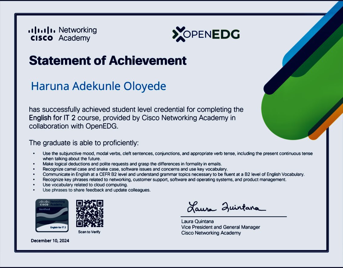 PrinceoAdekunle's tweet image. #OpenEDG #CiscoNetworkAcademy
#EnglishforIT