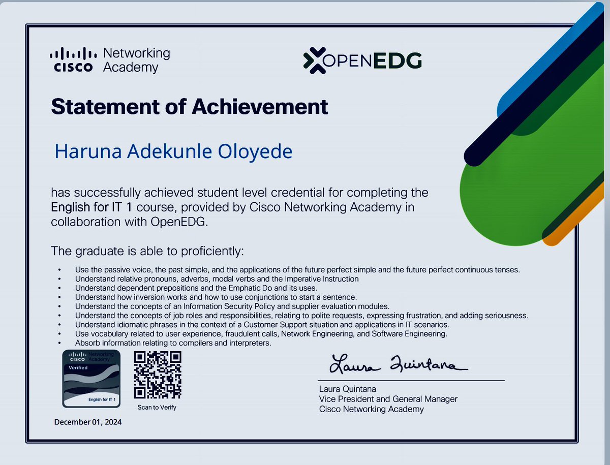 PrinceoAdekunle's tweet image. #OpenEDG #CiscoNetworkAcademy
#EnglishforIT