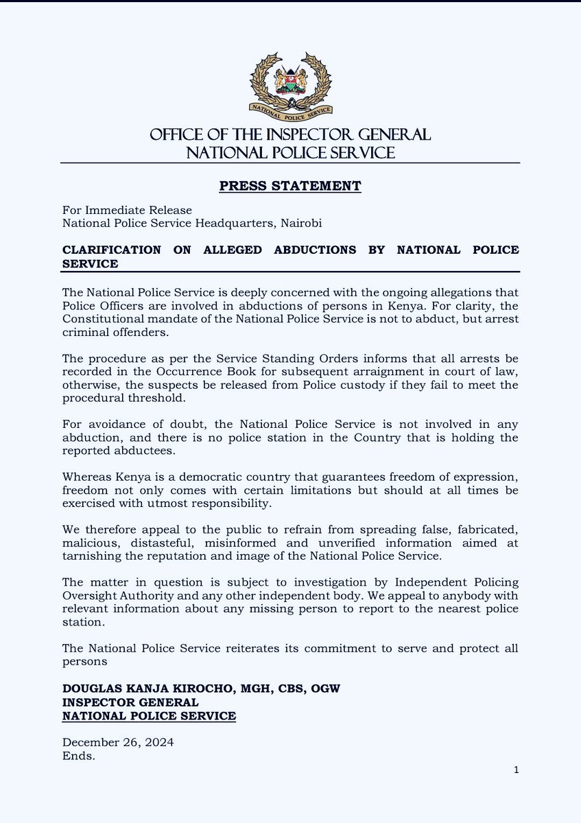 Kenyans should download and print this letter to produce it any time they stop an abduction. The police only areest, all other abductors are criminals #OccupyStateHouse #Ruto