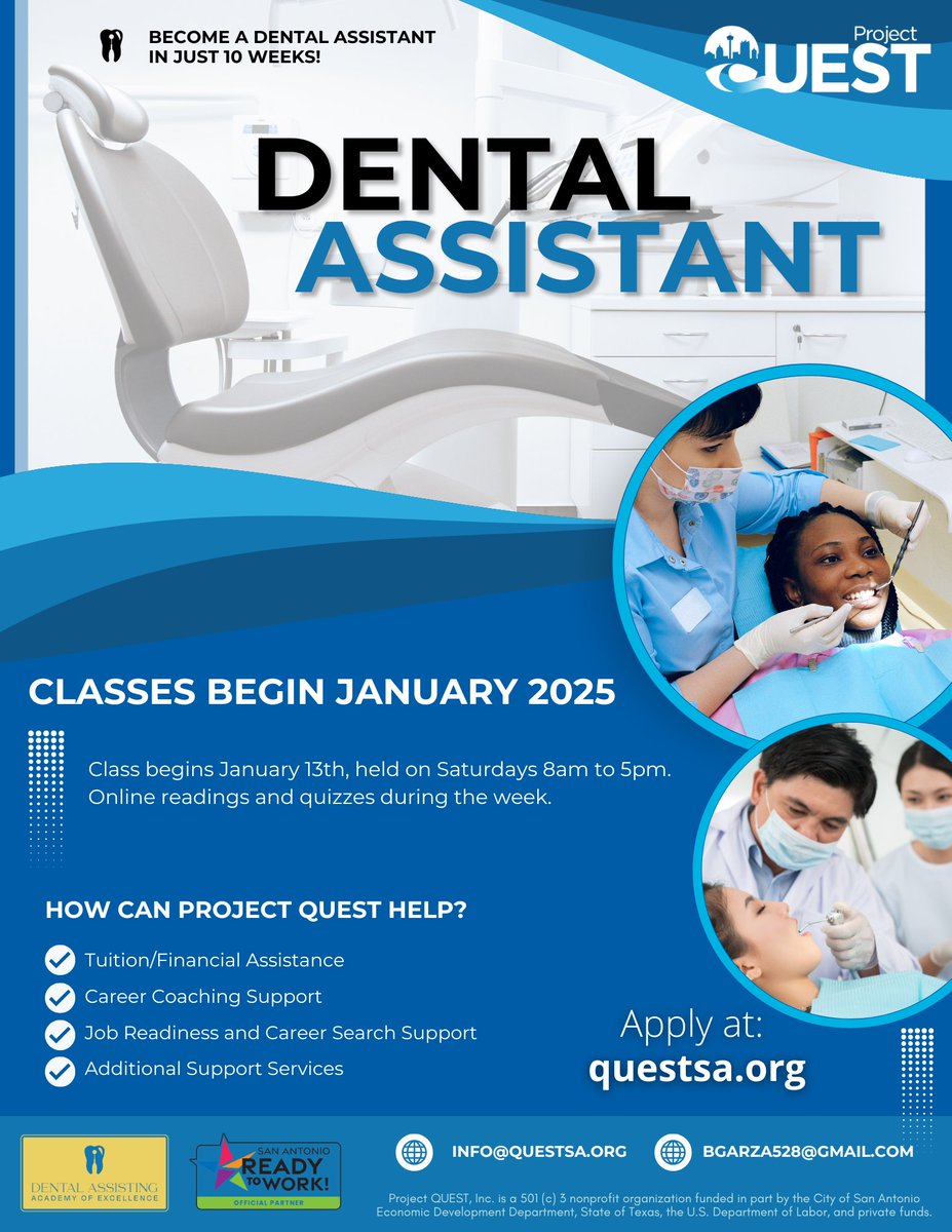 Ready for a career change?
Become a Dental Assistant in just 10 weeks. Classes begin January 2025. Apply at questsa.org to learn more.

#DentalCare