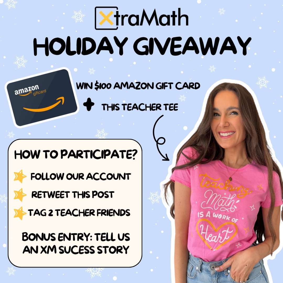 XtraMath_US's tweet photo. ✨GIVEAWAY ALERT✨
3 teachers will win a  $100 Amazon gift card,  a teacher tee, and a premium  license! 

 To enter:👇
⭐️Follow @xtramath_us
 ⭐️RT this post 
⭐️Tag 2 teacher besties 
 BONUS ENTRY: Tell us an XM success story💛

-Giveaway ends January 2nd 11:59 PM PST

GOOD LUCK! https://t.co/W5ExOpMvKR