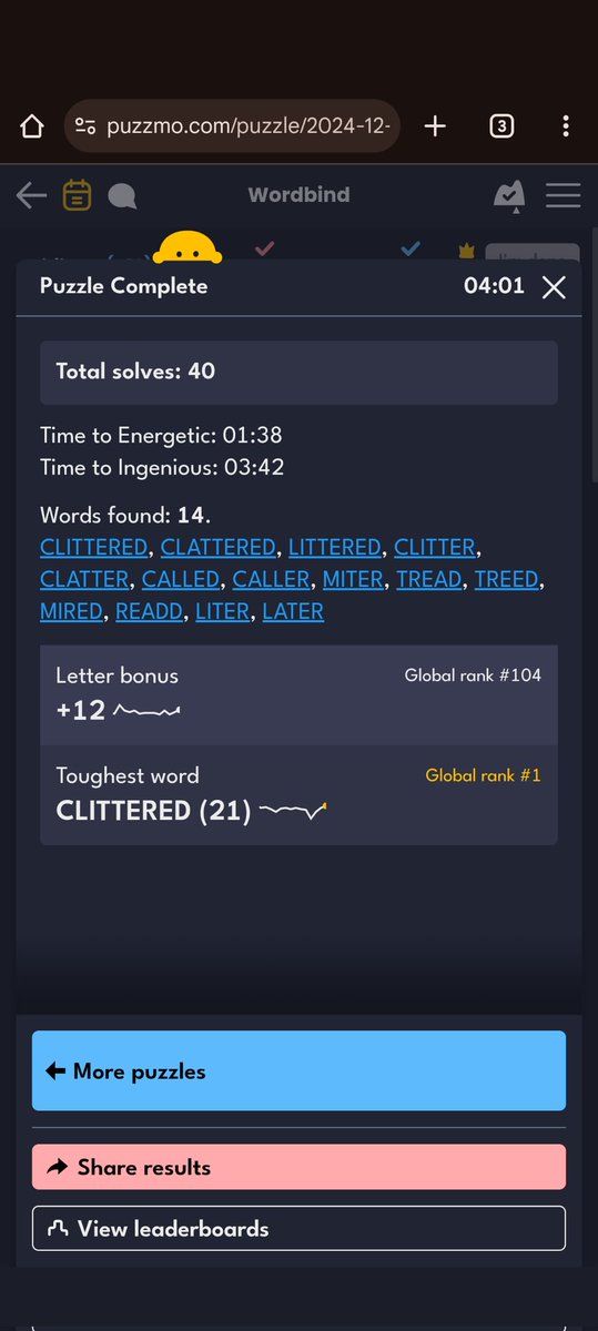 adamcallroberts's tweet image. My first Global #1!!! @puzzmotoday

#puzzmo #wordbind