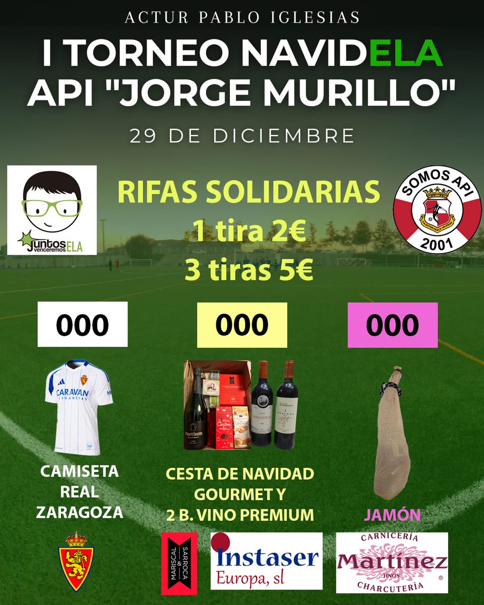 ⚽ I Torneo NavidELA "API - Jorge Murillo" ⚽ 
💚 RIFAS Y SORTEOS 💚 

📅 Domingo 29 de diciembre 
🕚11:00 
🏟️ CMF Actur Pablo Iglesias 

🍀 MUCHAS GRACIAS 🍀 

#TorneoNavidELA #TorneoNavidELAJorgeAPI #JuntosvenceremosELA