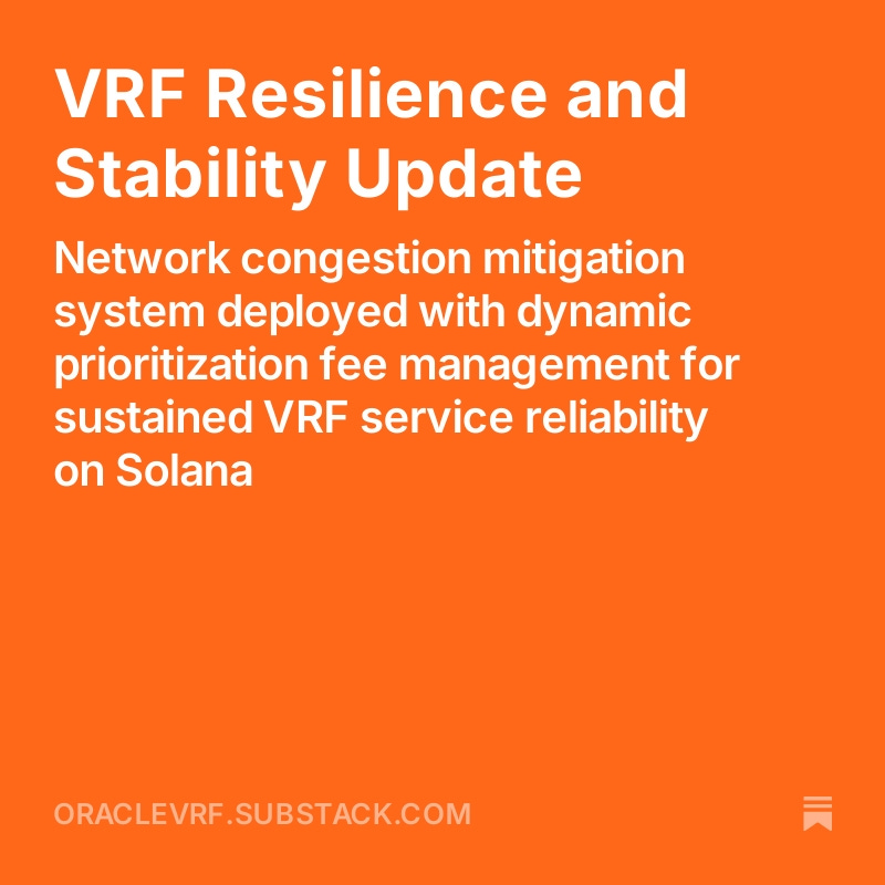 OracleVrf's tweet photo. 🔄 Oracle VRF Protocol Update

We've implemented dynamic prioritization fee management & intelligent slot targeting for enhanced reliability on @solana. Even during peak network load, our VRF service now maintains consistent uptime through automated compute unit optimization.

https://t.co/B1vg88WGrs
