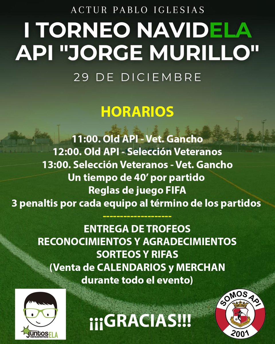 ⚽ I Torneo NavidELA "API - Jorge Murillo" ⚽ 
💚 HORARIOS 💚

📅 Domingo 29 de diciembre 
🕚11:00 
🏟️ CMF Actur Pablo Iglesias 

🍀 MUCHAS GRACIAS 🍀 

#TorneoNavidELA #TorneoNavidELAJorgeAPI #JuntosvenceremosELA