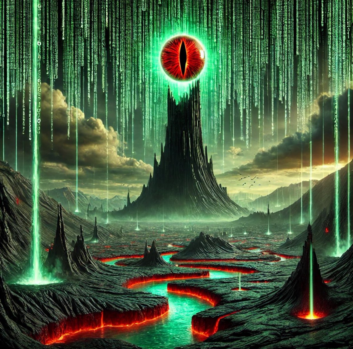 Sedmaka13's tweet image. “Which version of Mordor do you like the most? 🔥 The dark and ominous original, the Matrix-inspired digital dystopia, or the glowing red Eye of Sauron in its full glory? Let me know your favorite in the comments below! 🖤  #Mordor  #FantasyArt #MatrixStyle”