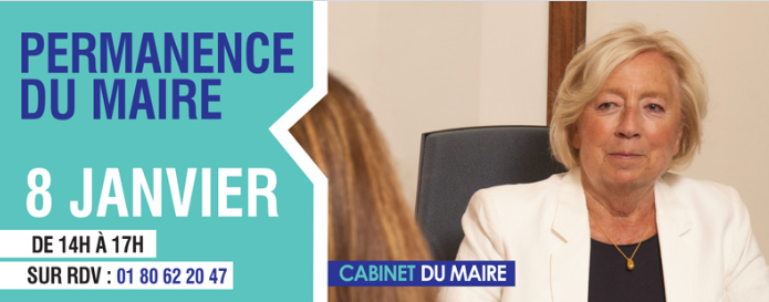 [#permanence] Permanence du Maire 
@Martine Valleton  vous reçoit lors de sa permanence. Profitez de cette occasion pour échanger directement avec votre Maire et son cabinet !✔
📅 8 janvier 2025
🕘 14h à 17h
📍Hôtel de Ville
👉 Prenez rendez-vous au 01 80 62 20 47.