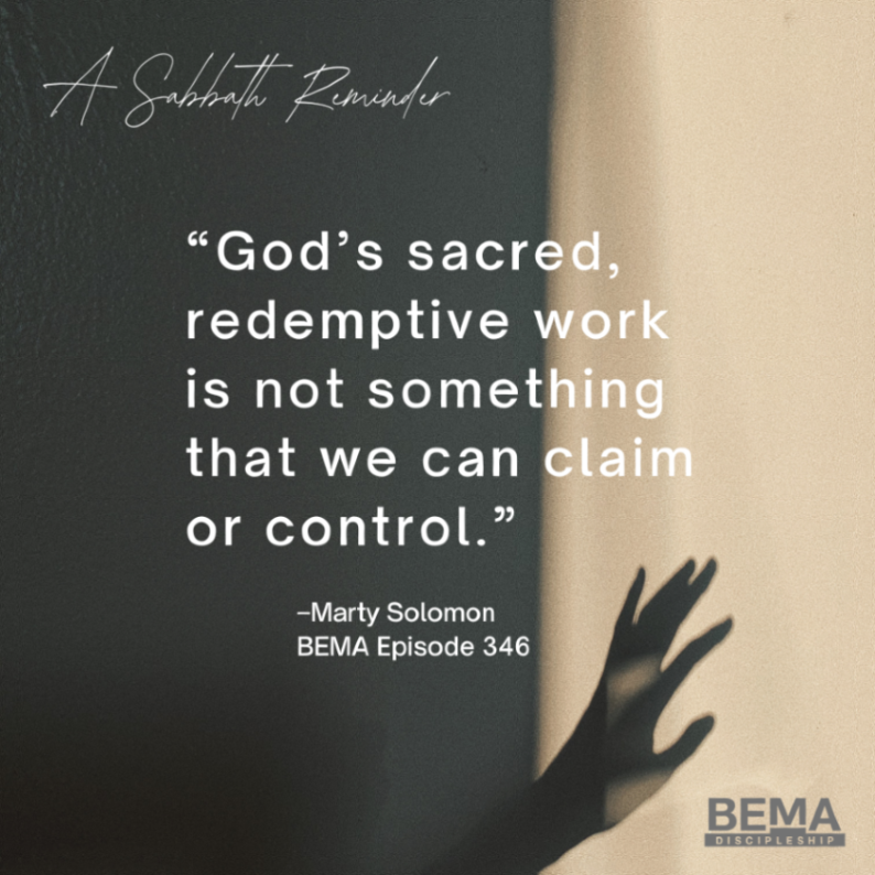 the_BEMA's tweet photo. A final Sabbath Reminder of 2024.

May you take time in the midst of New Year's resolutions and plans recognize that “God’s sacred, redemptive work is not something that we can claim or control," so we don't need to try to control it.

Find peace in knowing His work is good—and so are you.