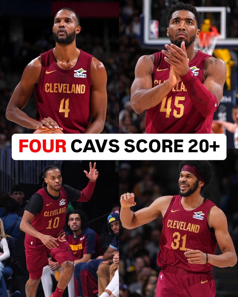NBATV's tweet photo. The @cavs were firing on all cylinders in Denver tonight 🔥

@spidadmitchell: 33 PTS | 6 AST | 6-12 3PT
@evanmobley: 26 PTS | 6 AST | 4-6 3PT
@dariusgarland22: 25 PTS | 7 AST | 4 STL
@_bigjayy_: 22 PTS | 10 REB | 3 STL https://t.co/XPSWLgthYO