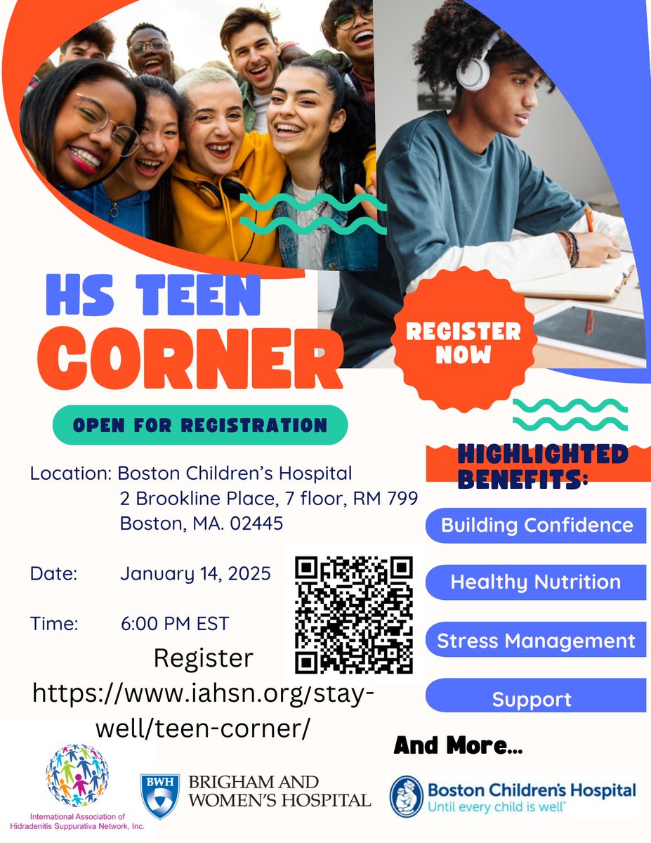 🌟 Exciting News for Teens in Boston! 🌟

The HS Teen Corner is launching soon! Starting January 14, 2025, join us for an in-person support group designed specifically for teens aged 13-17 living with Hidradenitis Suppurativa (HS).

📍 Location: Boston Children's Hospital
 📅