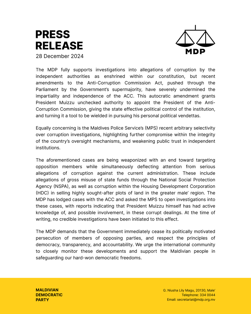 Press Statement: MDP condemns the Muizzu Government's misuse of state institutions to harass political opponents.