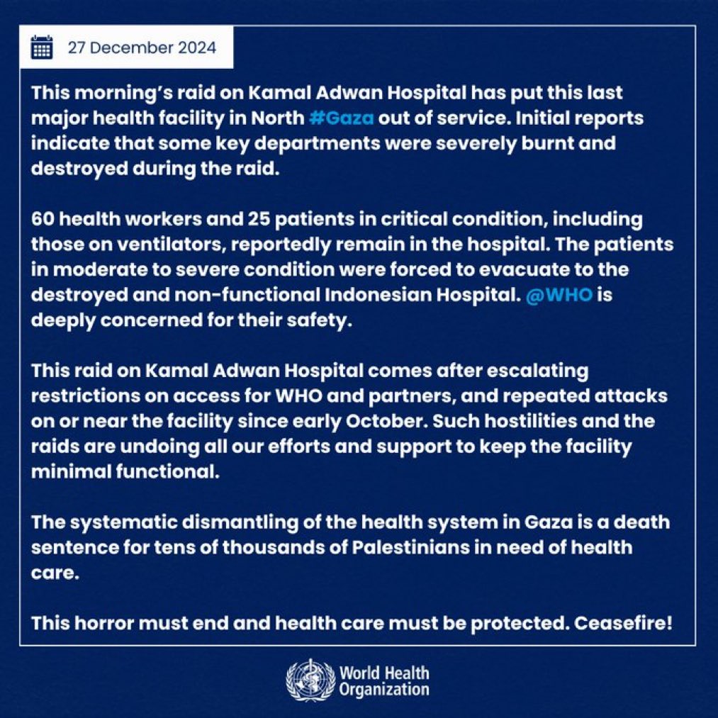 Verklaring v/d Wereld Gezondheids Organistie (WHO) over de systematische en doelbewuste vernietiging door Israël v/d laatste restanten v/h Palestijnse gezondheidszorgsysteem in Gaza. Voor de misdadigheid v/deze destructie ken ik geen equivalent. Zie ook het voorlaatste tekstblok.